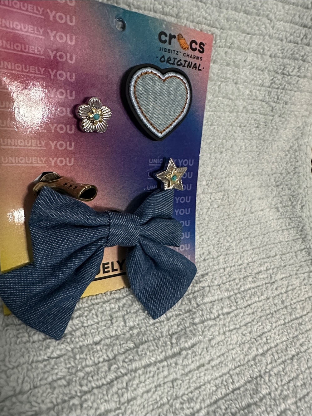 CROCS Denim Bow Croc Charms with Heart Patch & Silver Charms and cowgirl boot